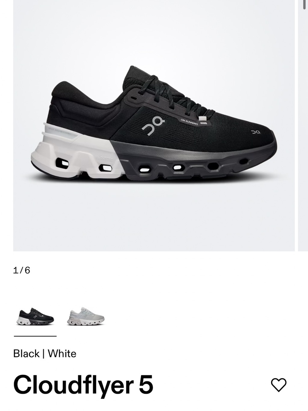 On Cloudflyer 5 Womens Sz 10M Black /White As New, No Box, only worn a few hours